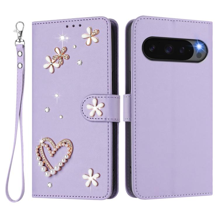 For Google Pixel 10 Pro XL 5G ZS01 Double-Layer Heart Floral Vegan Leather Phone Case with Wrist Strap