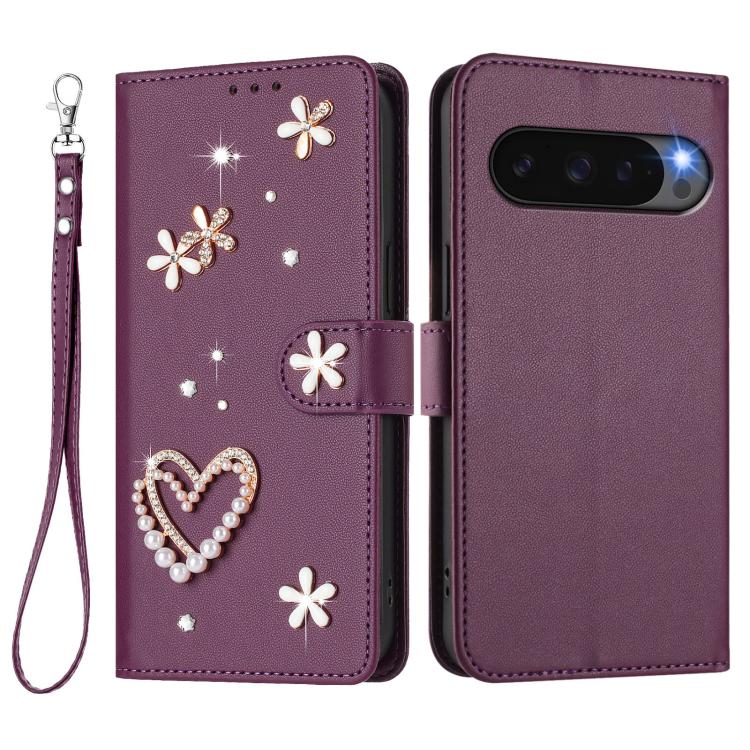 For Google Pixel 10 Pro XL 5G ZS01 Double-Layer Heart Floral Vegan Leather Phone Case with Wrist Strap