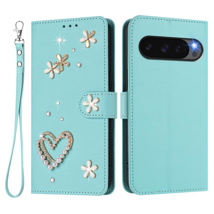 For Google Pixel 10 5G Global ZS01 Double-Layer Heart Floral Vegan Leather Phone Case with Wrist Strap