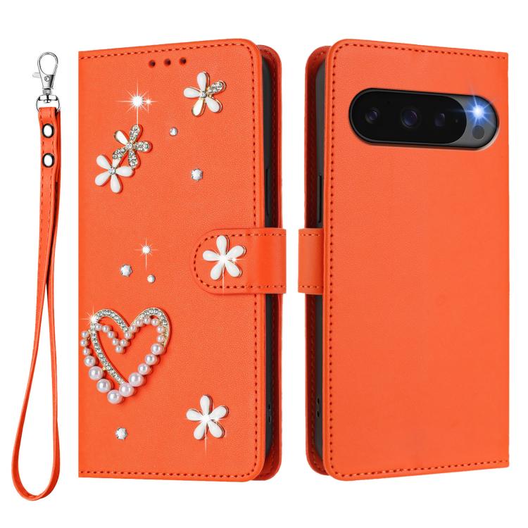 For Google Pixel 10 5G Global ZS01 Double-Layer Heart Floral Vegan Leather Phone Case with Wrist Strap
