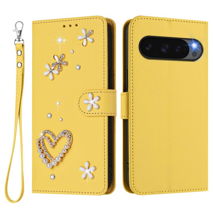 For Google Pixel 10 5G Global ZS01 Double-Layer Heart Floral Vegan Leather Phone Case with Wrist Strap