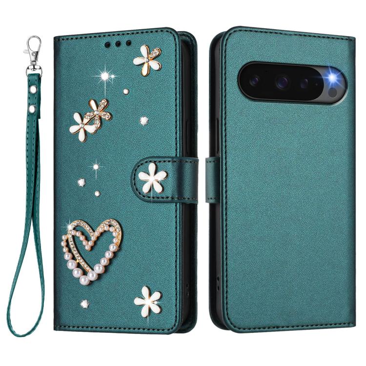 For Google Pixel 10 5G Global ZS01 Double-Layer Heart Floral Vegan Leather Phone Case with Wrist Strap