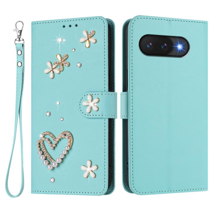 For Google Pixel 9a ZS01 Double-Layer Heart Floral Vegan Leather Phone Case with Wrist Strap