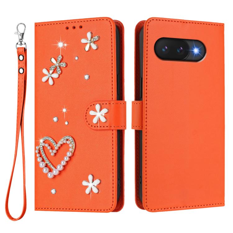 For Google Pixel 9a ZS01 Double-Layer Heart Floral Vegan Leather Phone Case with Wrist Strap
