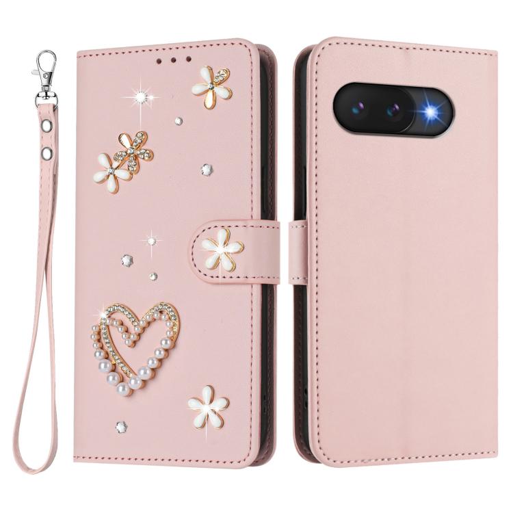For Google Pixel 9a ZS01 Double-Layer Heart Floral Vegan Leather Phone Case with Wrist Strap