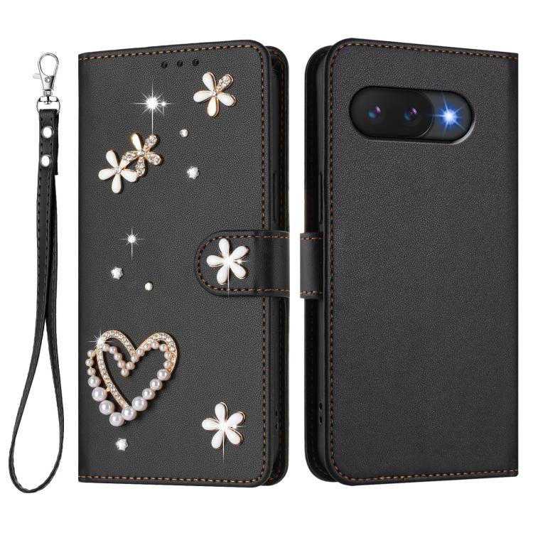 For Google Pixel 9a ZS01 Double-Layer Heart Floral Vegan Leather Phone Case with Wrist Strap