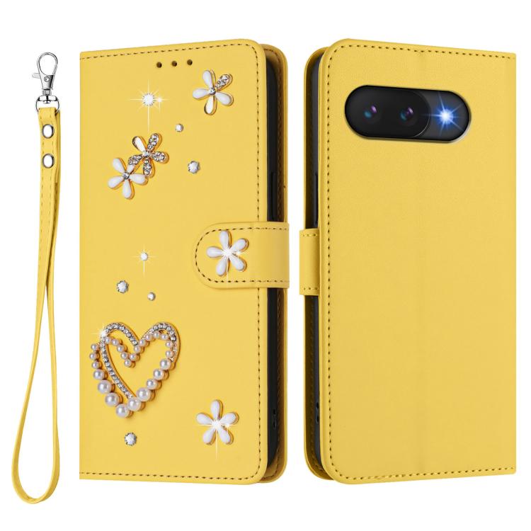 For Google Pixel 9a ZS01 Double-Layer Heart Floral Vegan Leather Phone Case with Wrist Strap