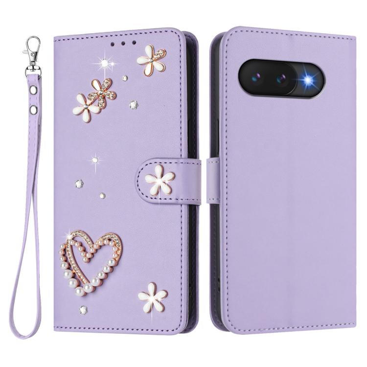 For Google Pixel 9a ZS01 Double-Layer Heart Floral Vegan Leather Phone Case with Wrist Strap
