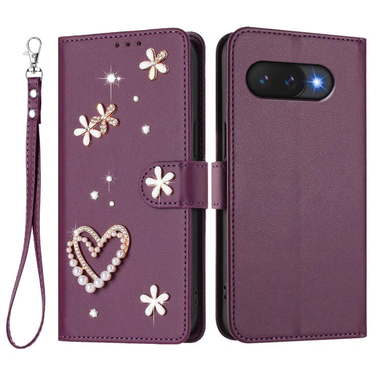 For Google Pixel 9a ZS01 Double-Layer Heart Floral Vegan Leather Phone Case with Wrist Strap