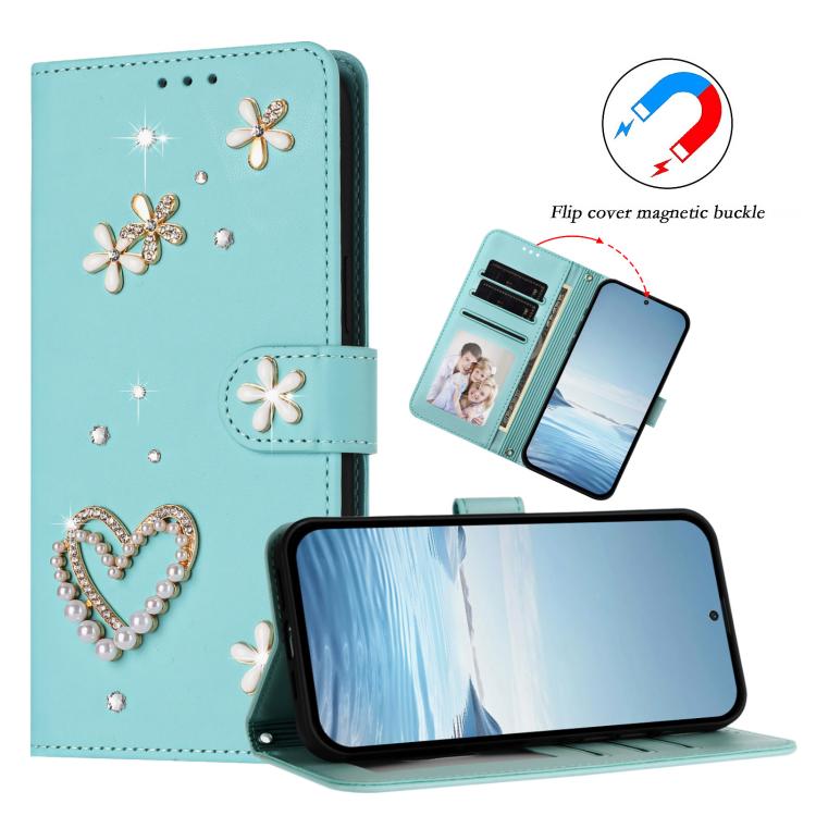 For Google Pixel 8a ZS01 Double-Layer Heart Floral Vegan Leather Phone Case with Wrist Strap