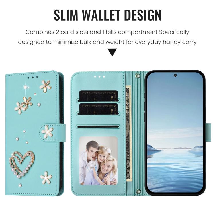 For Google Pixel 8a ZS01 Double-Layer Heart Floral Vegan Leather Phone Case with Wrist Strap