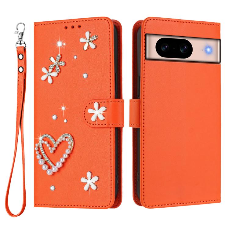 For Google Pixel 8a ZS01 Double-Layer Heart Floral Vegan Leather Phone Case with Wrist Strap