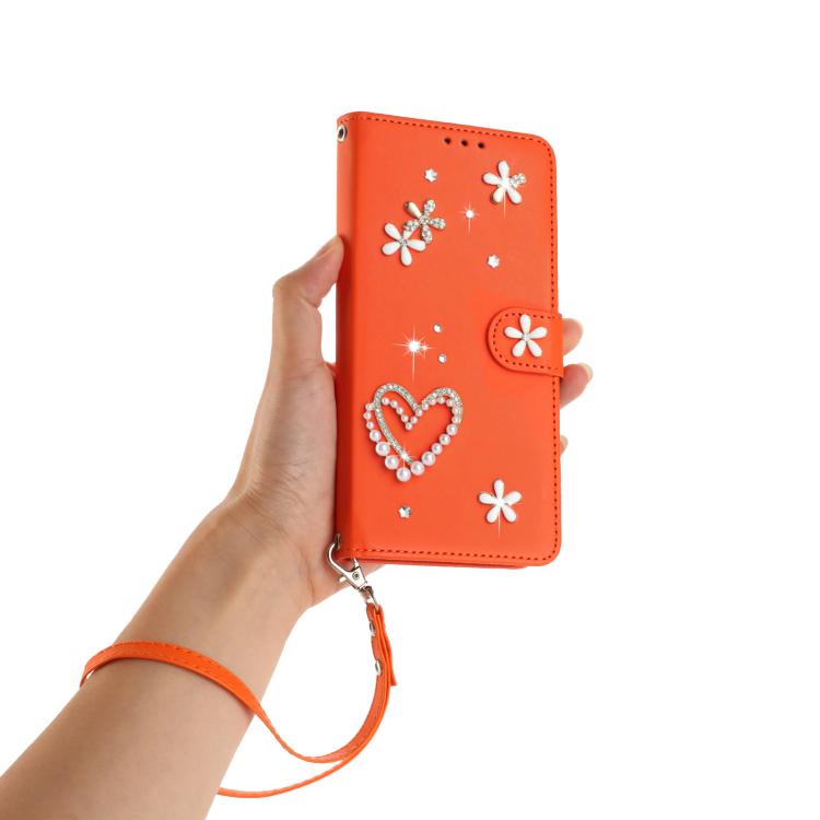 For Google Pixel 8a ZS01 Double-Layer Heart Floral Vegan Leather Phone Case with Wrist Strap