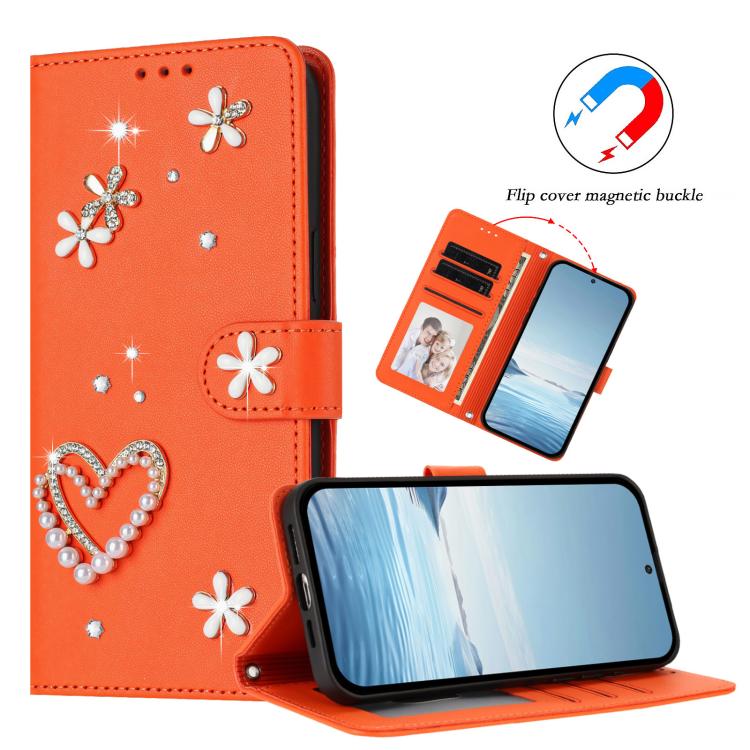 For Google Pixel 8a ZS01 Double-Layer Heart Floral Vegan Leather Phone Case with Wrist Strap