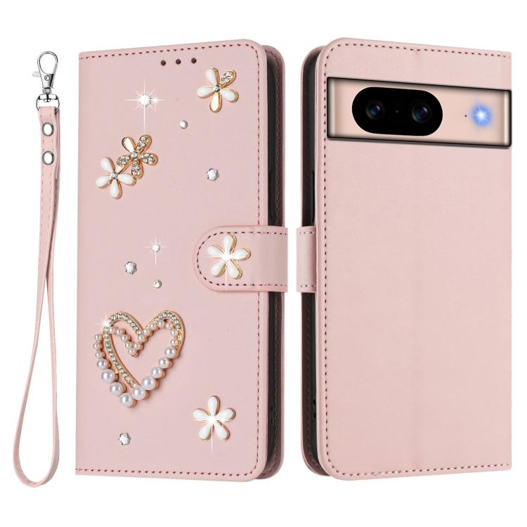 For Google Pixel 8a ZS01 Double-Layer Heart Floral Vegan Leather Phone Case with Wrist Strap