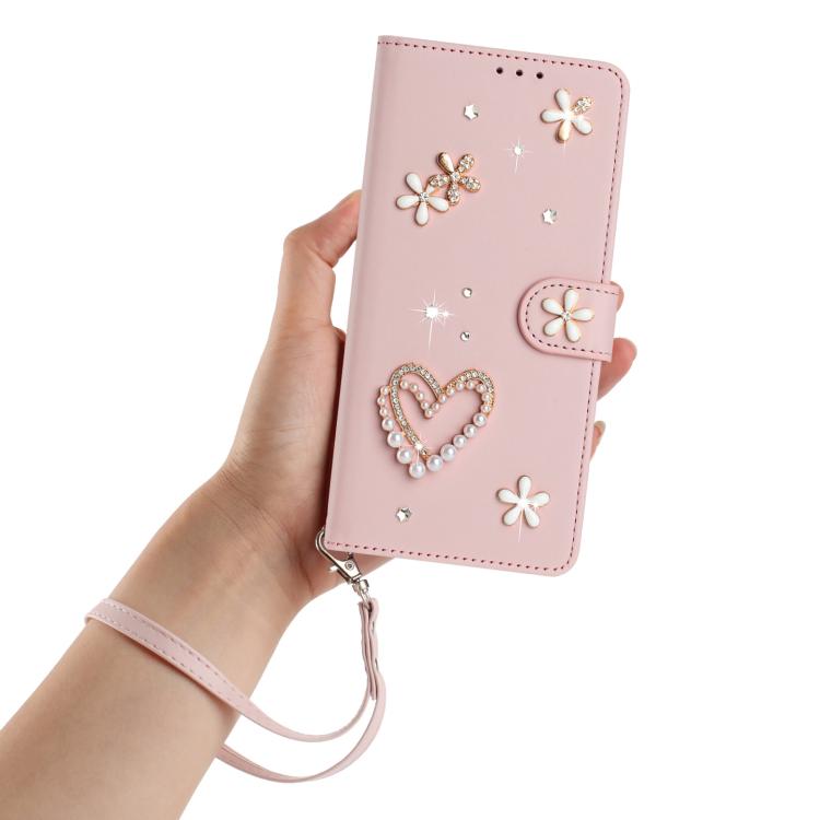 For Google Pixel 8a ZS01 Double-Layer Heart Floral Vegan Leather Phone Case with Wrist Strap
