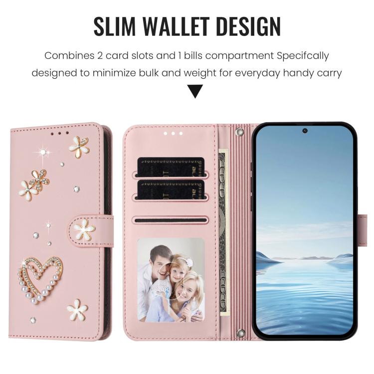 For Google Pixel 8a ZS01 Double-Layer Heart Floral Vegan Leather Phone Case with Wrist Strap