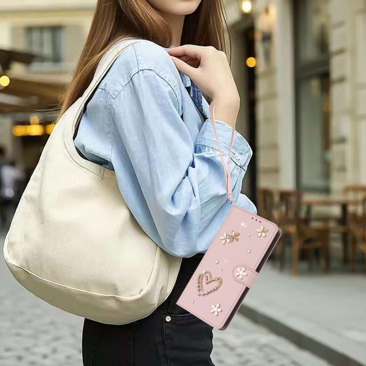 For Google Pixel 8a ZS01 Double-Layer Heart Floral Vegan Leather Phone Case with Wrist Strap