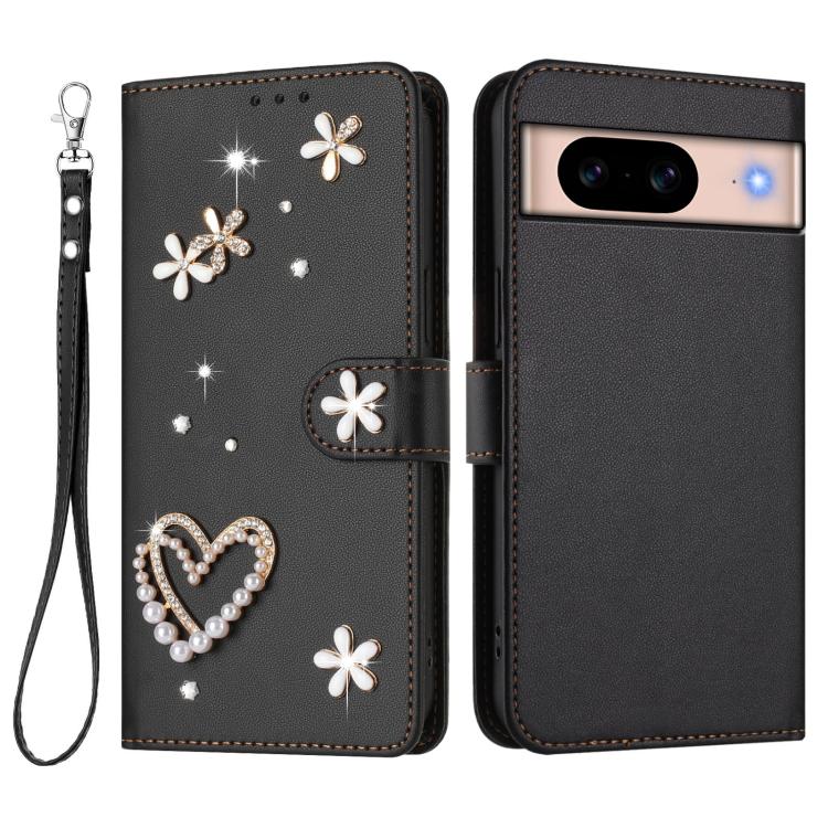 For Google Pixel 8a ZS01 Double-Layer Heart Floral Vegan Leather Phone Case with Wrist Strap