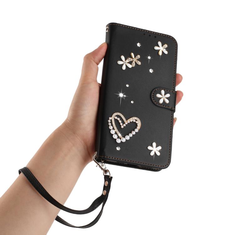 For Google Pixel 8a ZS01 Double-Layer Heart Floral Vegan Leather Phone Case with Wrist Strap