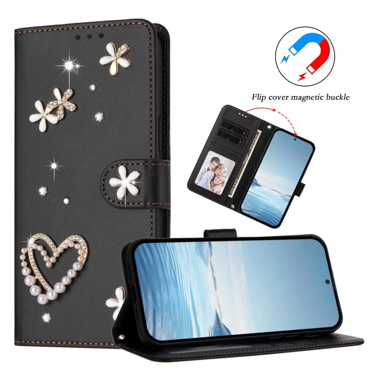 For Google Pixel 8a ZS01 Double-Layer Heart Floral Vegan Leather Phone Case with Wrist Strap