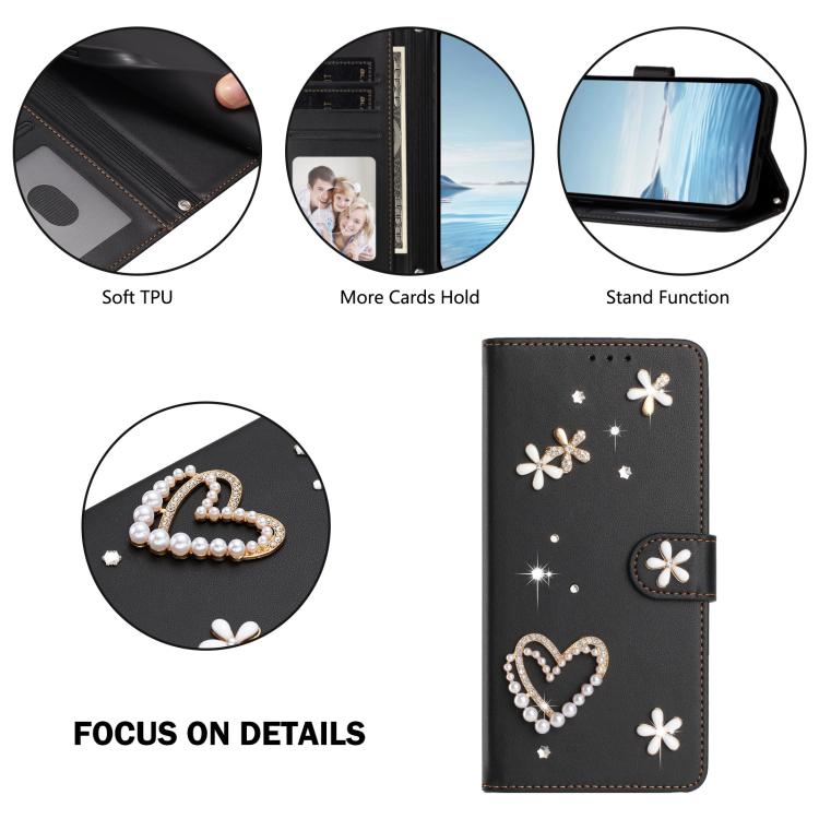 For Google Pixel 8a ZS01 Double-Layer Heart Floral Vegan Leather Phone Case with Wrist Strap