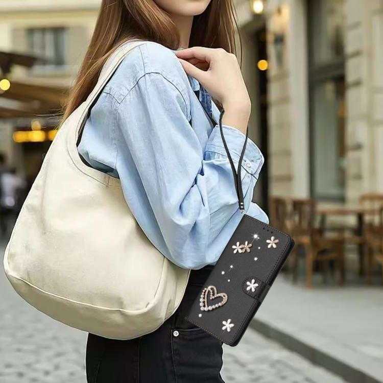 For Google Pixel 8a ZS01 Double-Layer Heart Floral Vegan Leather Phone Case with Wrist Strap
