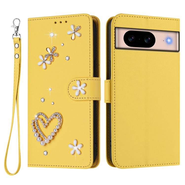 For Google Pixel 8a ZS01 Double-Layer Heart Floral Vegan Leather Phone Case with Wrist Strap