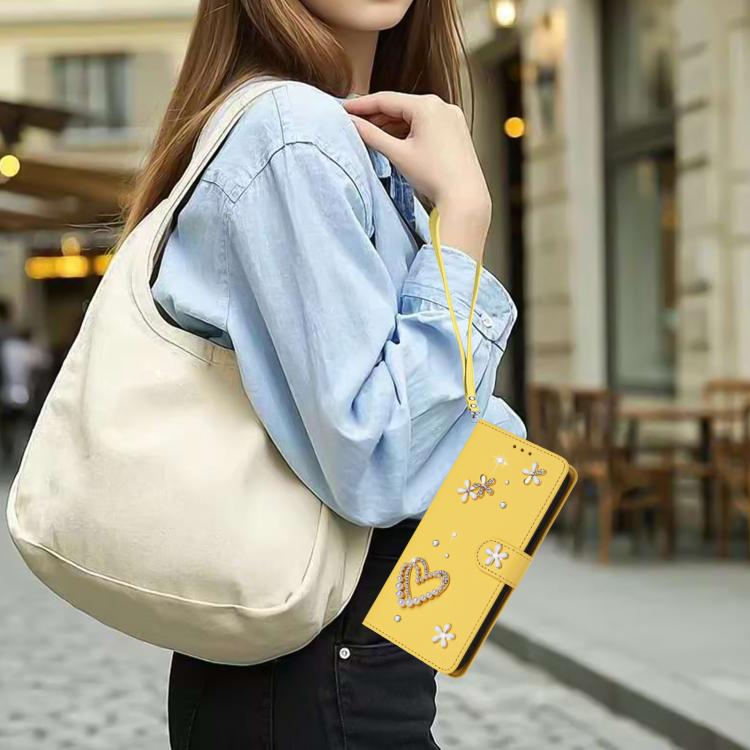 For Google Pixel 8a ZS01 Double-Layer Heart Floral Vegan Leather Phone Case with Wrist Strap