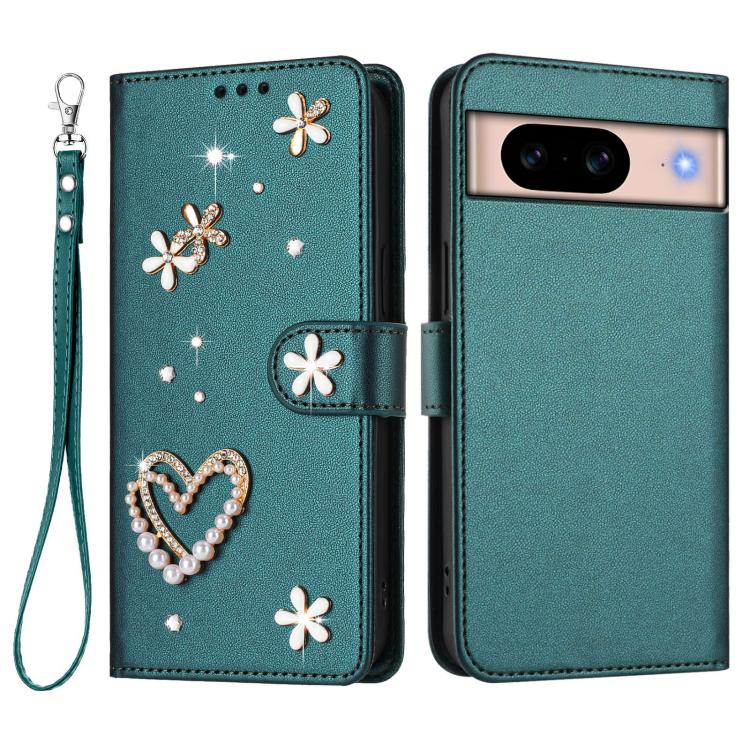 For Google Pixel 8a ZS01 Double-Layer Heart Floral Vegan Leather Phone Case with Wrist Strap