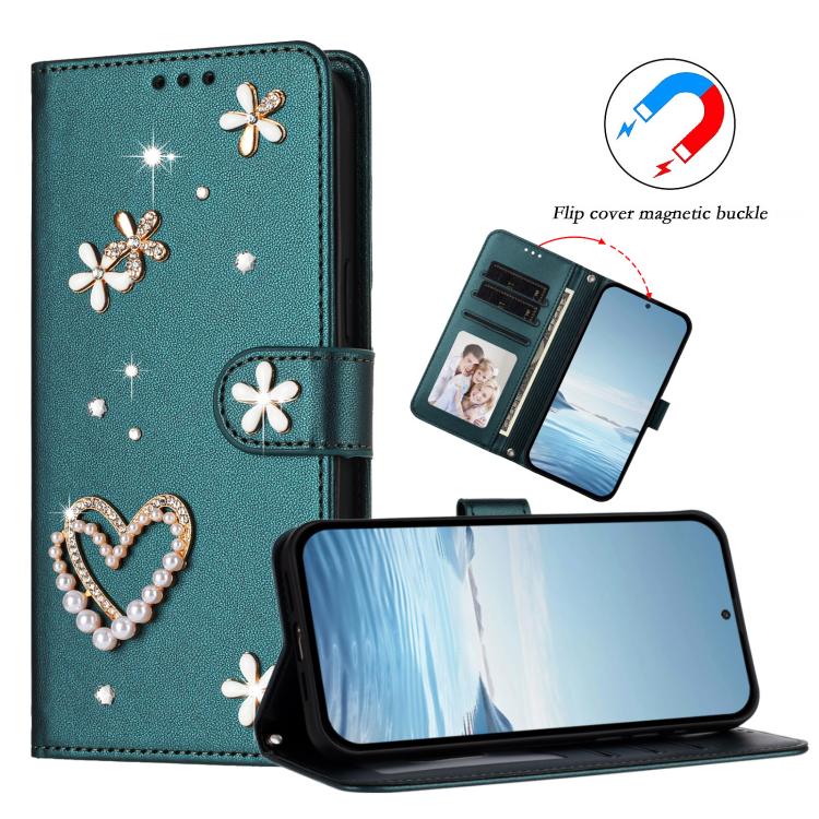 For Google Pixel 8a ZS01 Double-Layer Heart Floral Vegan Leather Phone Case with Wrist Strap