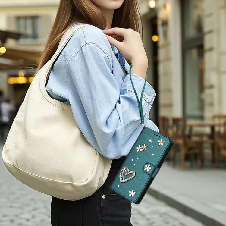 For Google Pixel 8a ZS01 Double-Layer Heart Floral Vegan Leather Phone Case with Wrist Strap