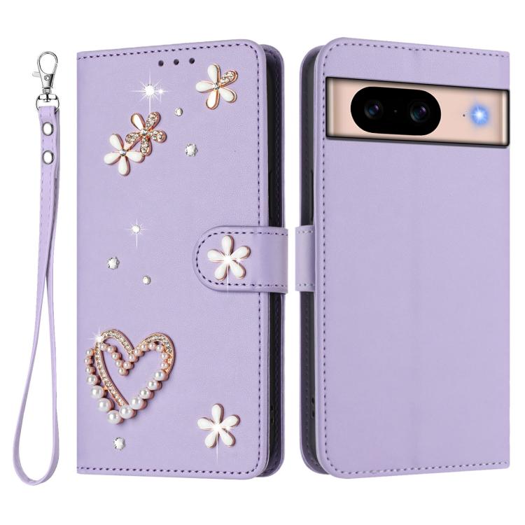 For Google Pixel 8a ZS01 Double-Layer Heart Floral Vegan Leather Phone Case with Wrist Strap