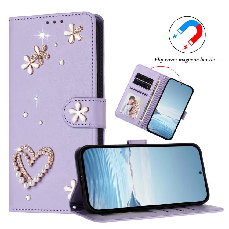 For Google Pixel 8a ZS01 Double-Layer Heart Floral Vegan Leather Phone Case with Wrist Strap