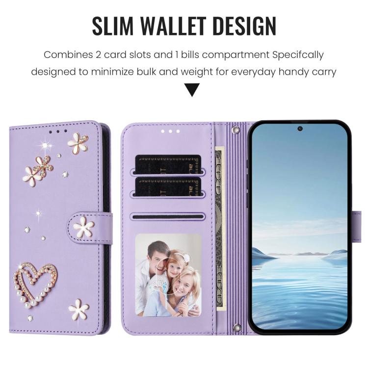 For Google Pixel 8a ZS01 Double-Layer Heart Floral Vegan Leather Phone Case with Wrist Strap