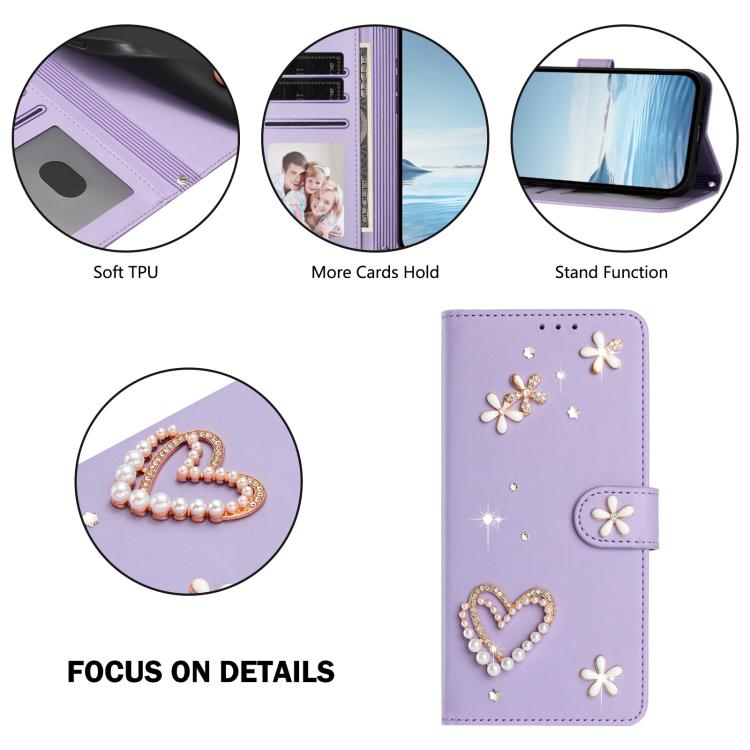 For Google Pixel 8a ZS01 Double-Layer Heart Floral Vegan Leather Phone Case with Wrist Strap