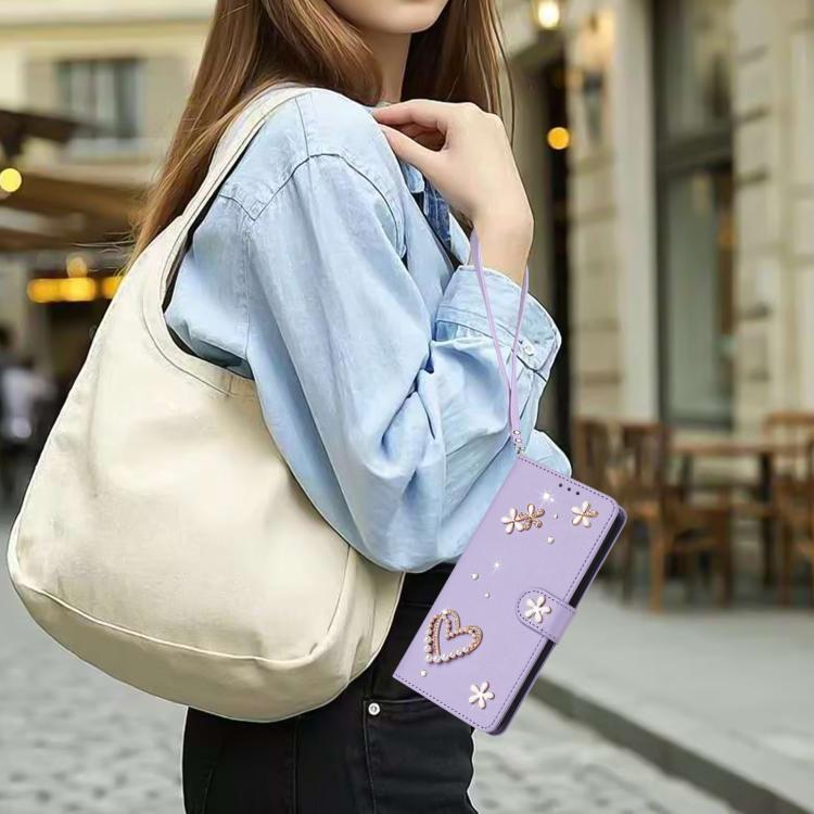 For Google Pixel 8a ZS01 Double-Layer Heart Floral Vegan Leather Phone Case with Wrist Strap