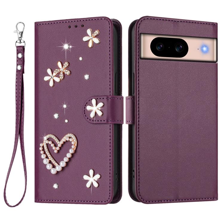For Google Pixel 8a ZS01 Double-Layer Heart Floral Vegan Leather Phone Case with Wrist Strap