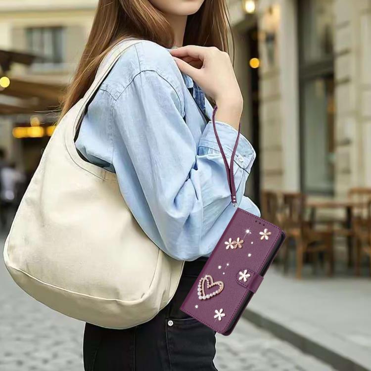 For Google Pixel 8a ZS01 Double-Layer Heart Floral Vegan Leather Phone Case with Wrist Strap