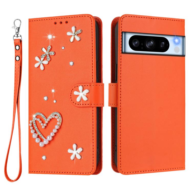 For Google Pixel 8 Pro ZS01 Double-Layer Heart Floral Vegan Leather Phone Case with Wrist Strap