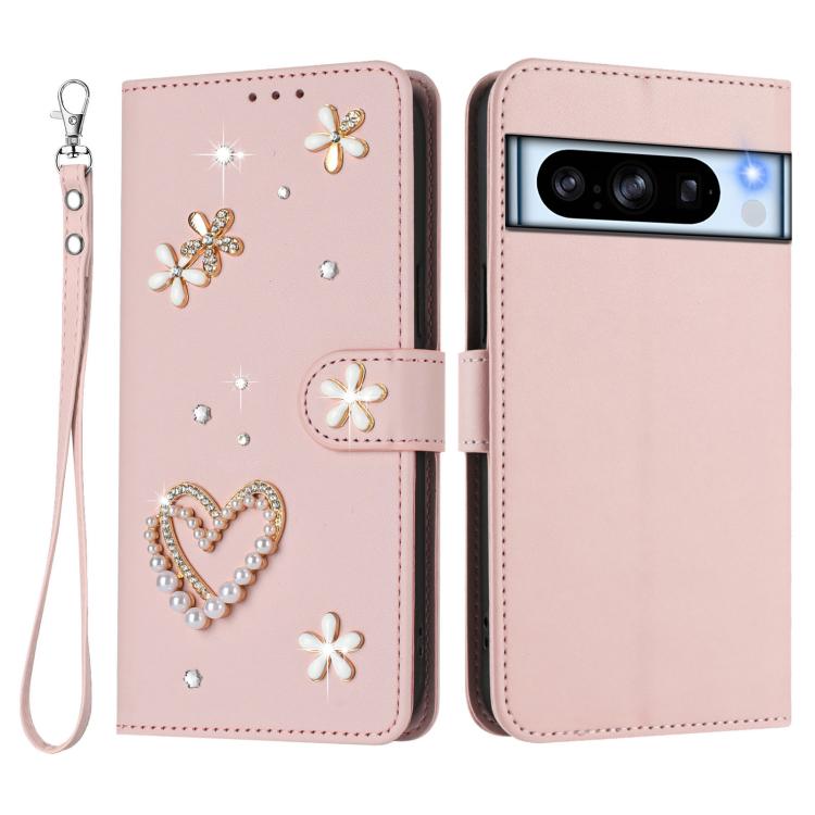For Google Pixel 8 Pro ZS01 Double-Layer Heart Floral Vegan Leather Phone Case with Wrist Strap