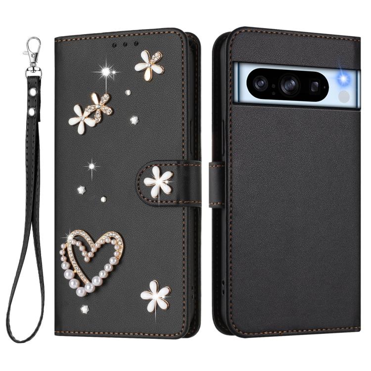 For Google Pixel 8 Pro ZS01 Double-Layer Heart Floral Vegan Leather Phone Case with Wrist Strap