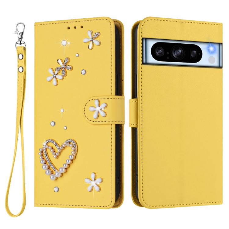 For Google Pixel 8 Pro ZS01 Double-Layer Heart Floral Vegan Leather Phone Case with Wrist Strap