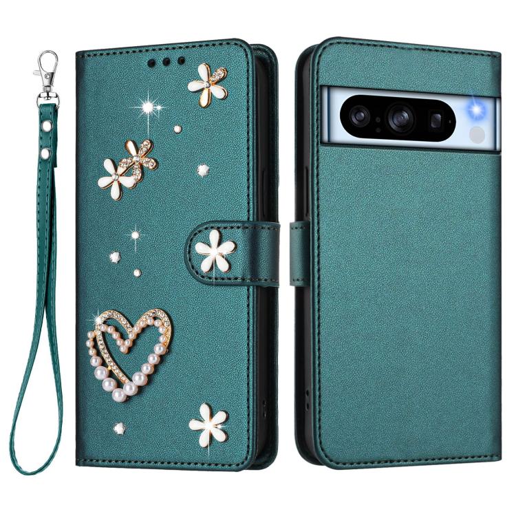 For Google Pixel 8 Pro ZS01 Double-Layer Heart Floral Vegan Leather Phone Case with Wrist Strap