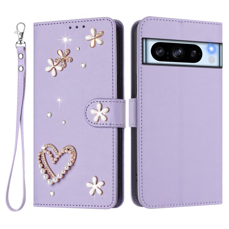 For Google Pixel 8 Pro ZS01 Double-Layer Heart Floral Vegan Leather Phone Case with Wrist Strap