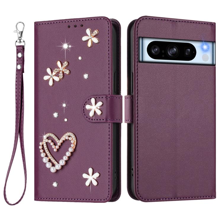 For Google Pixel 8 Pro ZS01 Double-Layer Heart Floral Vegan Leather Phone Case with Wrist Strap