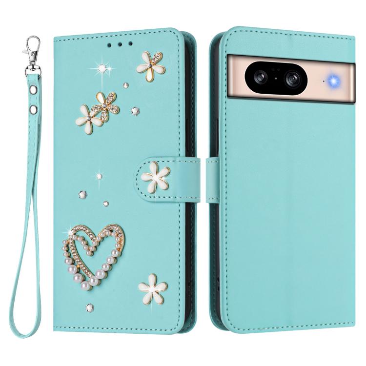 For Google Pixel 8 ZS01 Double-Layer Heart Floral Vegan Leather Phone Case with Wrist Strap