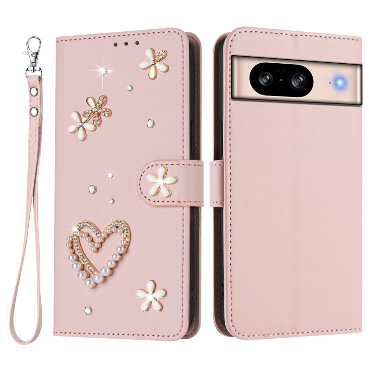 For Google Pixel 8 ZS01 Double-Layer Heart Floral Vegan Leather Phone Case with Wrist Strap