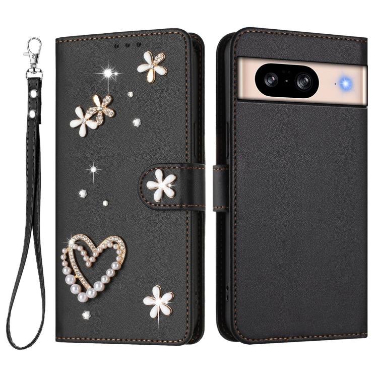 For Google Pixel 8 ZS01 Double-Layer Heart Floral Vegan Leather Phone Case with Wrist Strap