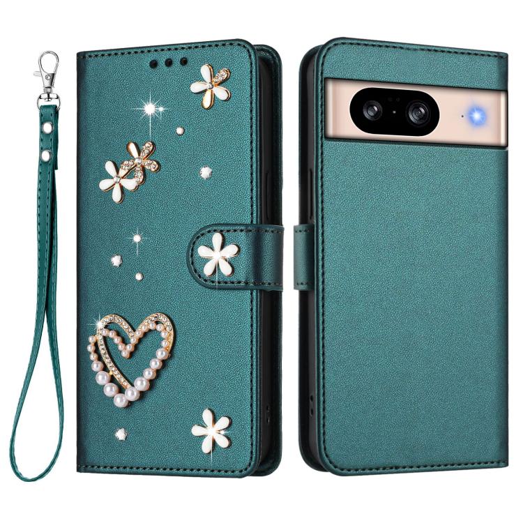 For Google Pixel 8 ZS01 Double-Layer Heart Floral Vegan Leather Phone Case with Wrist Strap